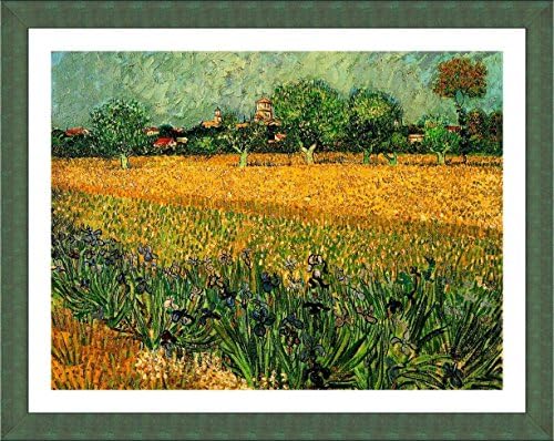 Alonline Art - Irises Field ליד ארלס מאת וינסנט ואן גוך | תמונה ממוסגרת ירוקה מודפסת על בד כותנה, מחוברת